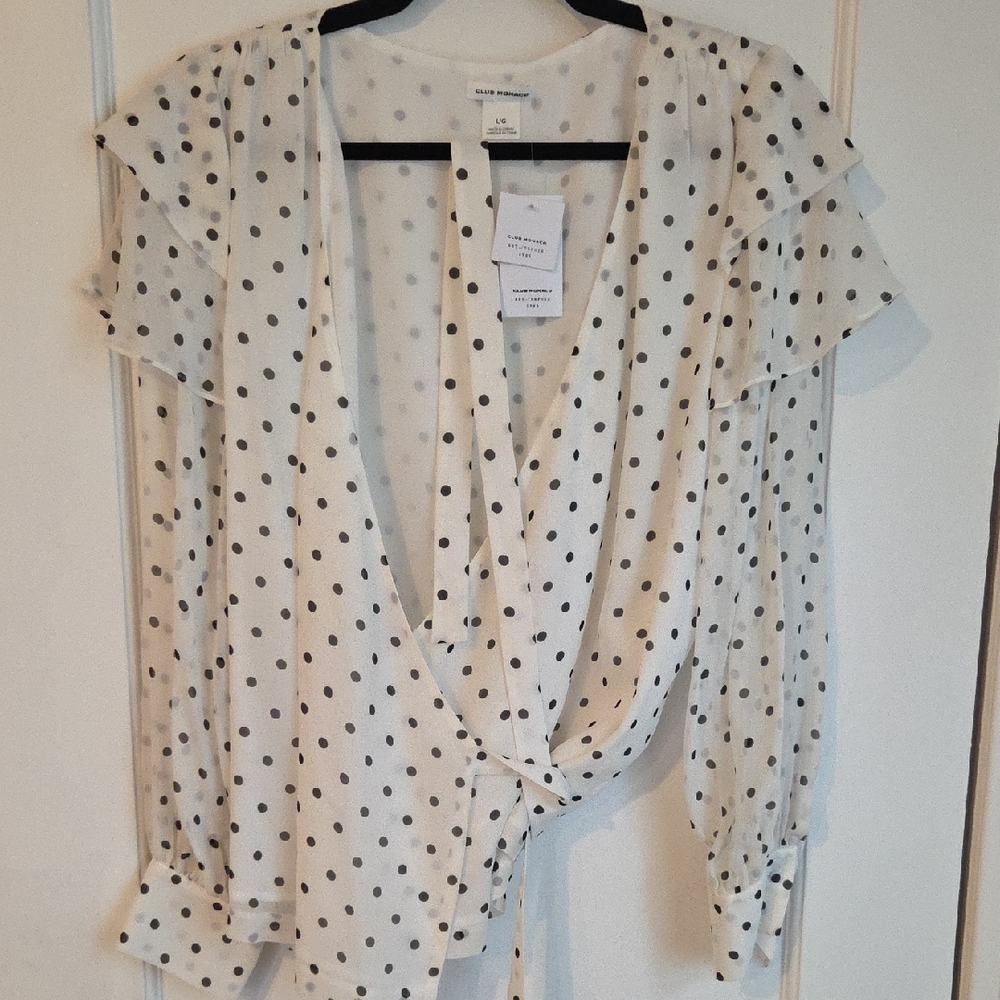 Club Monaco White and Black Polka Dot Blouse